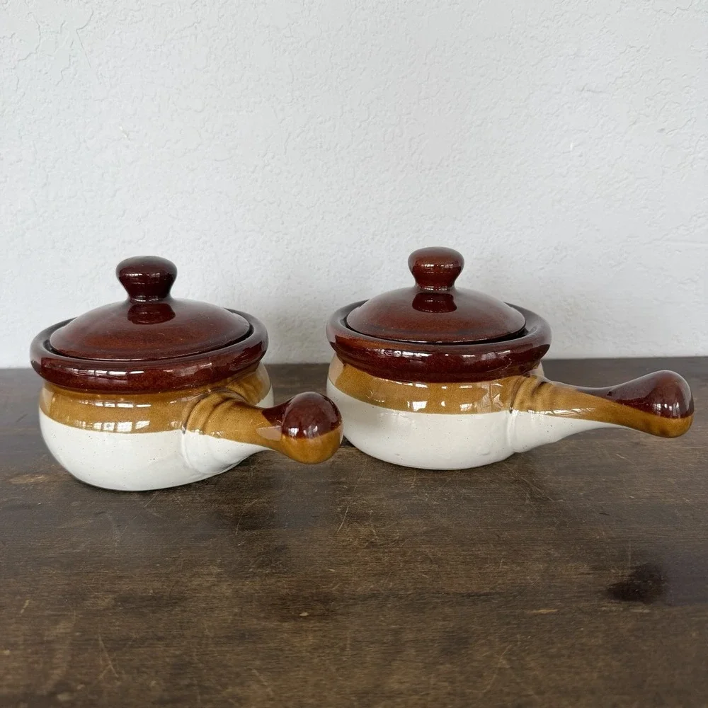 Vintage French Onion Soup Crocks Handled Bowls with Lids Brown Glazed Set‎ of 2